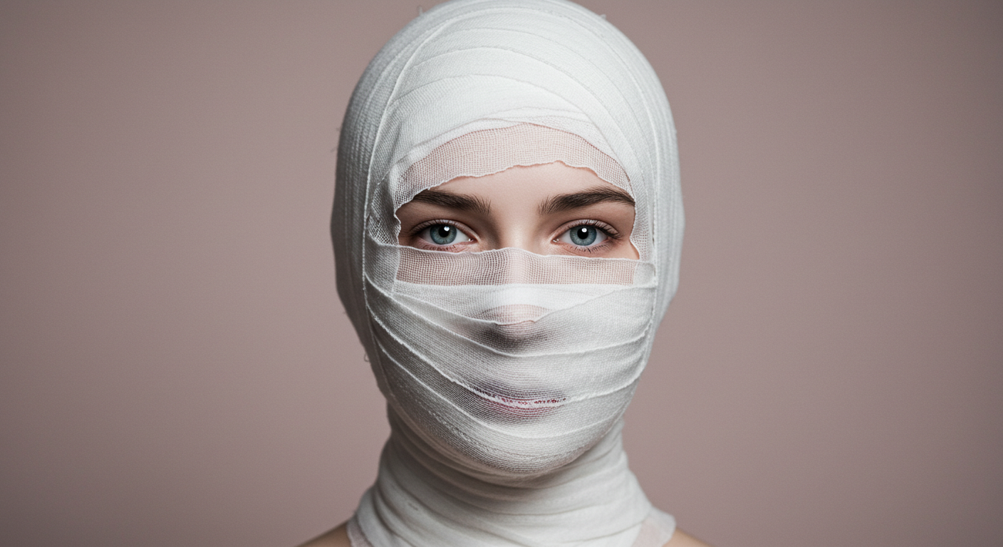A person with their face and neck wrapped in bandages, only their eyes are visible.