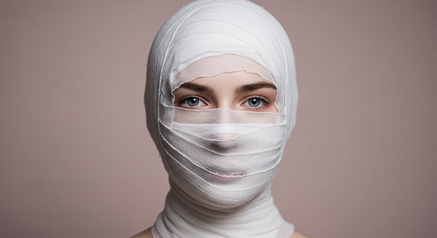 Description éditoriale détaillée de l'image représentant une personne enveloppée de bandages médicaux blancs : La photographie présente une interaction saisissante entre des techniques visuelles hyperréalistes et un éclairage dramatique. Le visage du sujet est partiellement dissimulé par des bandages de gaze superposés, créant un équilibre intrigant entre dissimulation et révélation. --- **Appareil photo et optique :** L'image semble avoir été prise à l'aide d'un appareil photo haute résolution, probablement en 8K ou supérieur, compte tenu du niveau de détail hyperréaliste et de la netteté. L'objectif choisi semble être un téléobjectif moyen, tel qu'un objectif macro de 85 mm, permettant une capture précise des détails sans distorsion. La faible profondeur de champ met en valeur les yeux du sujet et la texture des bandages, tout en floutant légèrement les contours pour créer une impression d'intimité et d'isolement. --- **Conception de l'éclairage :** La conception de l'éclairage utilise une technique de lumière dure, caractérisée par des ombres nettes et bien définies et un contraste élevé. La source lumineuse semble provenir d'un angle latéral, probablement de 45 degrés, ce qui renforce l'effet dramatique en projetant des ombres profondes sur un côté du visage et en soulignant les contours des bandages. Cette approche accentue la structure faciale du sujet, notamment les pommettes et la mâchoire, tout en conférant à l'image une impression de profondeur et de tridimensionnalité. --- **Anatomie et identité :** Le sujet semble être une femme, au comportement neutre et serein. Sa posture droite et immobile dégage une impression de résilience et de calme. Les bandages enveloppent étroitement la tête et le visage, soulignant les contours des os faciaux et créant un effet sculptural. Les yeux, point focal de l'image, sont mis en valeur par une lumière vive, attirant l'attention sur leur couleur et leur expression. --- **Texture et peau :** La texture des bandages est bien visible, révélant leur nature fibreuse et légèrement translucide. La peau visible autour des yeux apparaît lisse et légèrement lumineuse, avec un subtil éclat suggérant une légère humidité ou transpiration. Le jeu de lumière sur la peau et les bandages crée une luminescence délicate, renforçant l'aspect éthéré de l'image. --- **Vêtements et équipement :** Le sujet est principalement recouvert de gaze médicale, méticuleusement enroulée autour de la tête et du visage. La gaze semble être faite d'un tissu léger et respirant, probablement du coton ou un mélange de coton. Aucun accessoire métallique ni autre élément de quincaillerie n'est visible, ce qui permet de se concentrer uniquement sur la texture et la forme des bandages. --- **Composition et arrière-plan :** La composition est centrée sur le visage du sujet, qui devient le point focal incontestable de l'image. L'arrière-plan, d'un rose dégradé et uniforme, contraste doucement avec le blanc éclatant des bandages et met en valeur le teint. Ce fond renforce la présence du sujet, créant une atmosphère à la fois minimaliste et évocatrice. L'ambiance générale de l'image s'inspire du film noir, mêlant mystère, résilience et force tranquille.