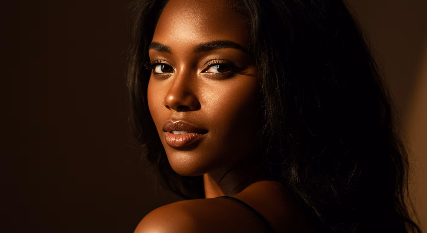 Portrait en gros plan d'une femme aux cheveux foncés, dont les traits sont mis en valeur par une lumière chaude et dorée.