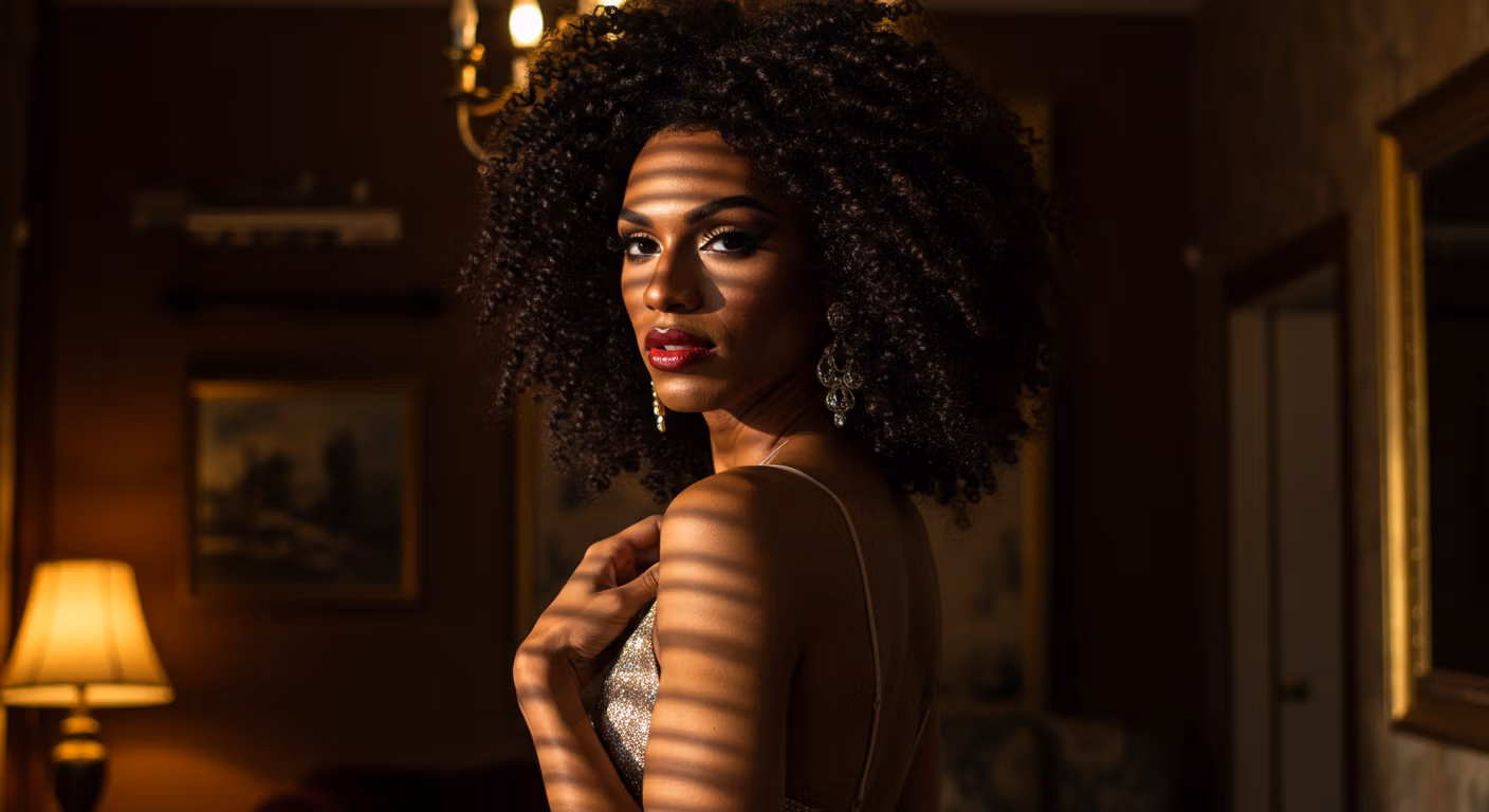 Une femme aux cheveux bouclés, vêtue d'une robe brillante, pose avec assurance dans une pièce faiblement éclairée au décor vintage.