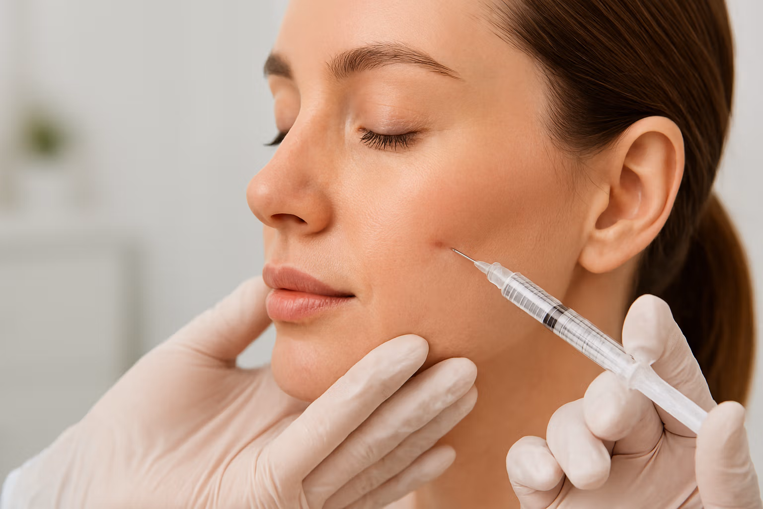 A woman receiving a cosmetic injection on her face from a healthcare professional.