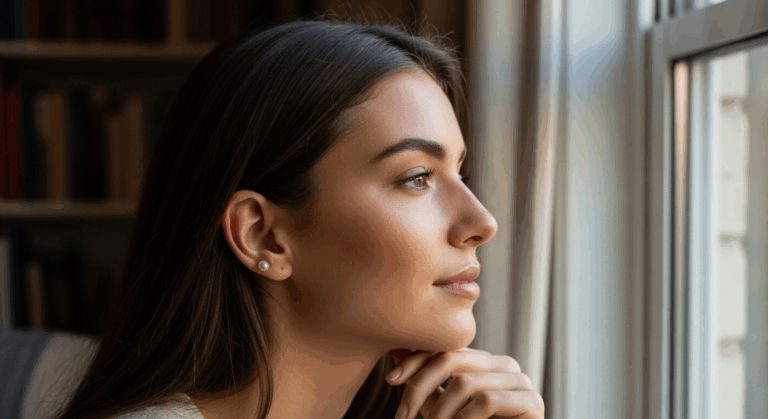 A young woman with dark hair is looking out of a window, with her hand resting on her chin, appearing thoughtful or contemplative.