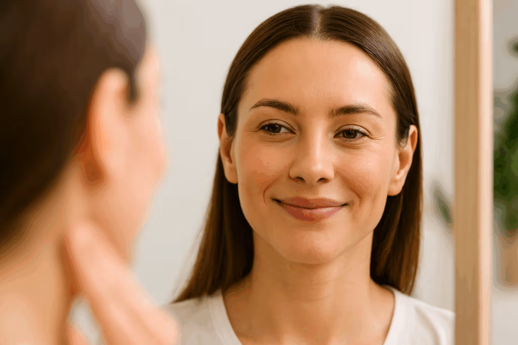 A woman smiling while looking at her reflection in the mirror.