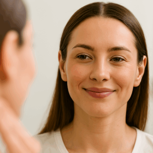 A woman smiling while looking at her reflection in the mirror.