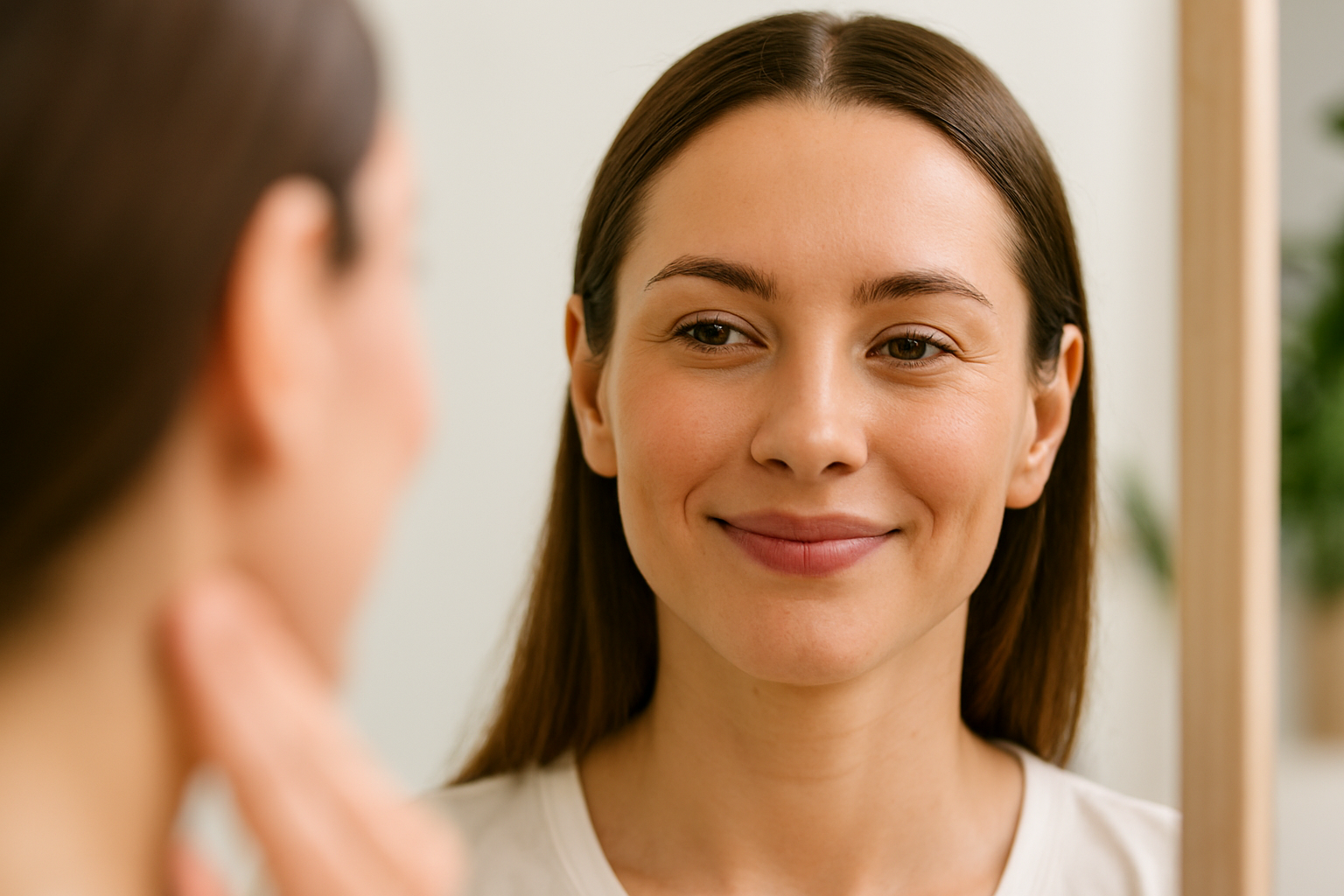 A woman smiling while looking at her reflection in the mirror.