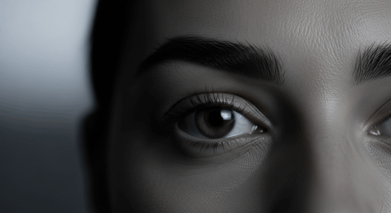 A close-up photograph of a person's eye, focusing on the intricate details of the eyelashes and the iris. The image highlights the texture of the skin and the natural beauty of the eye.