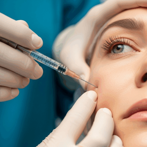 A close-up image of a person receiving a facial injection from a healthcare professional using a syringe. The individual is wearing gloves and carefully administering the injection near the person's cheek.