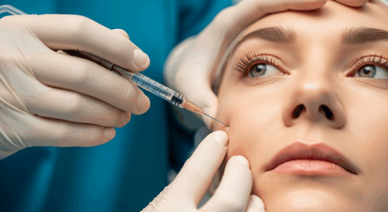 A close-up image of a person receiving a facial injection from a healthcare professional using a syringe. The individual is wearing gloves and carefully administering the injection near the person's cheek.