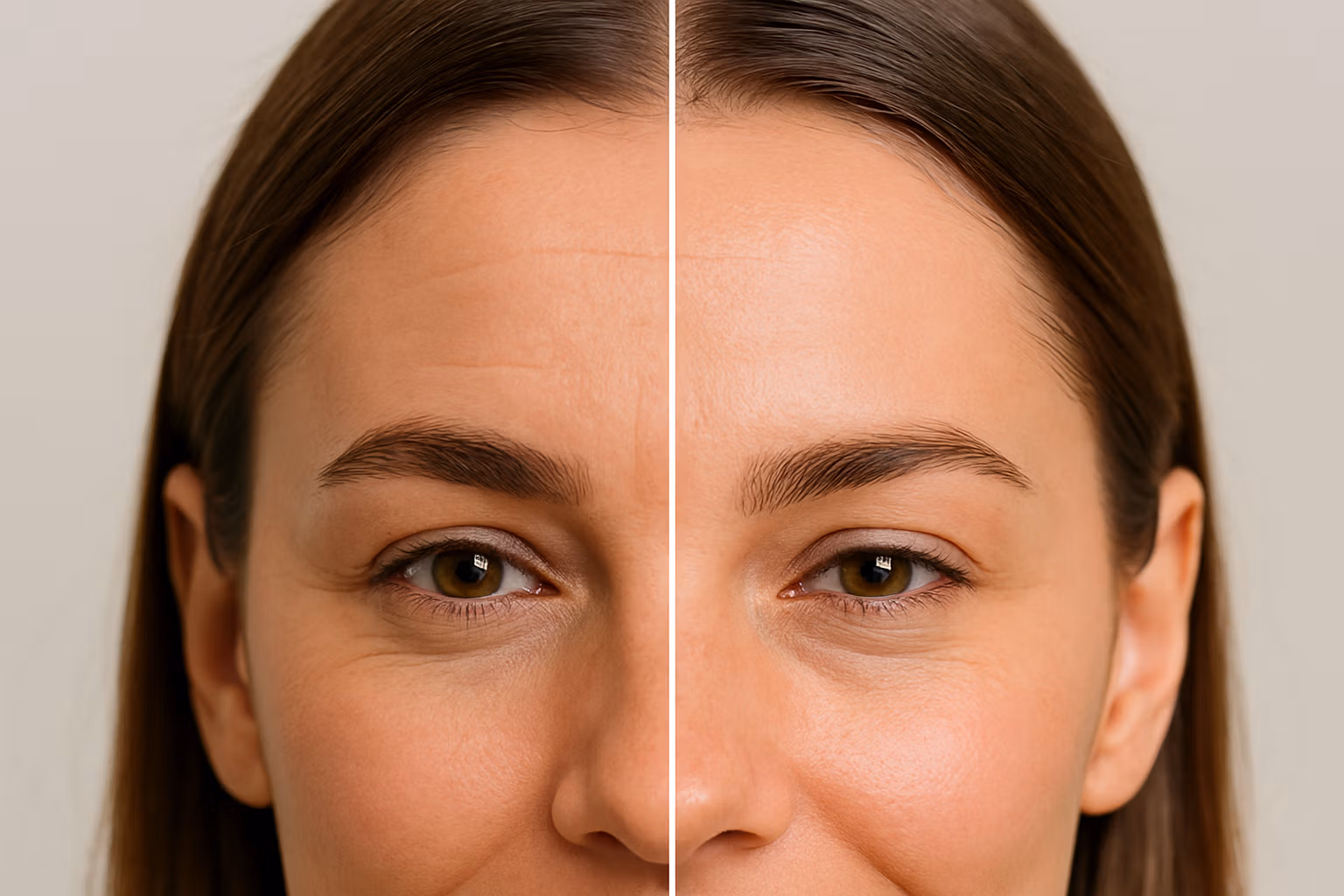 Before and after comparison of a woman's face, highlighting changes in skin texture and appearance.
