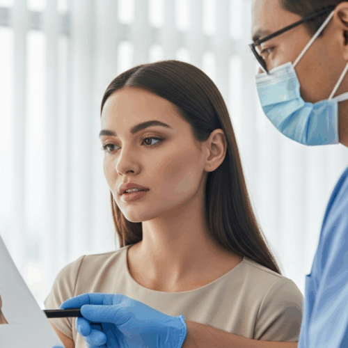 Una mujer sostiene una fotografía de un rostro mientras consulta con un profesional de la salud que lleva mascarilla y bata quirúrgica.