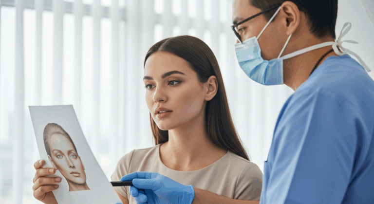 A woman holding a picture of a face while consulting with a healthcare professional wearing a mask and scrubs.