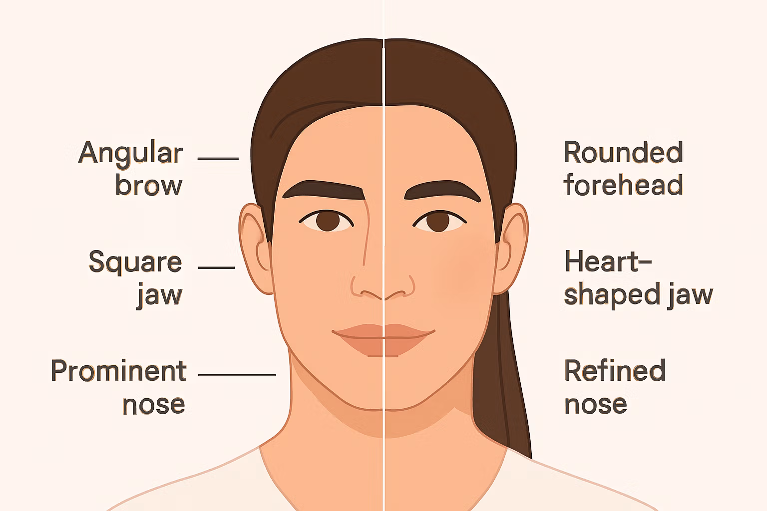 The image shows a comparison of different facial features on the left and right sides. On the left side, the features include an angular brow, square jaw, and prominent nose. On the right side, the features are a rounded forehead, heart-shaped jaw, and refined nose.