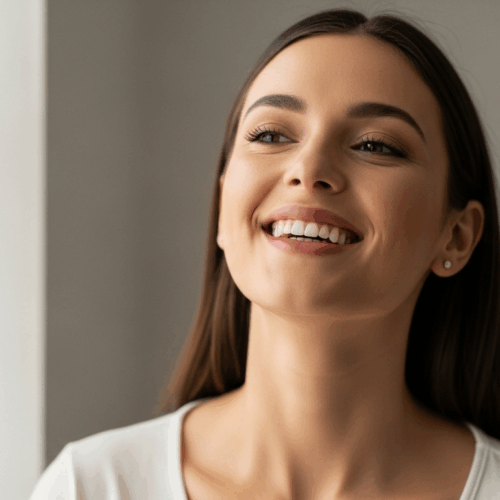 A young woman with a bright smile, looking away from the camera, standing indoors near a window.