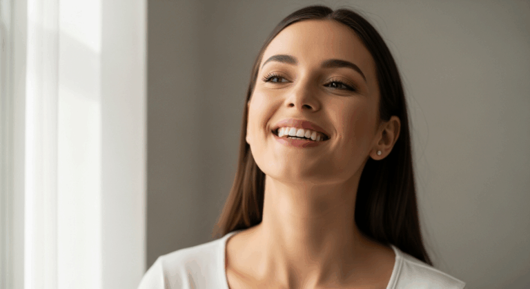 A young woman with a bright smile, looking away from the camera, standing indoors near a window.