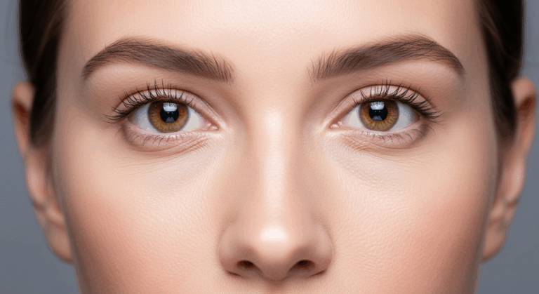 A close-up portrait of a woman's face, focusing on her eyes and nose against a neutral background.