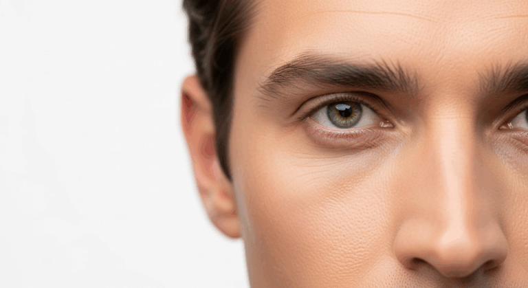 Gros plan d'un visage, mettant l'accent sur l'œil et le nez. La personne a la peau claire, les cheveux foncés et de magnifiques yeux verts. L'image souligne les détails de l'œil, notamment les cils et l'iris.