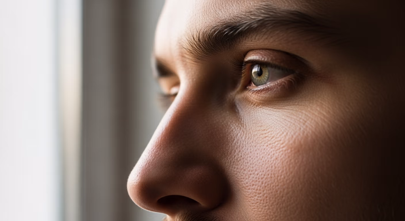 صورة مقرّبة لوجه شخص، مع التركيز على العين والأنف. تُبرز الصورة ملامح وجه الشخص بإضاءة ناعمة ومنتشرة.