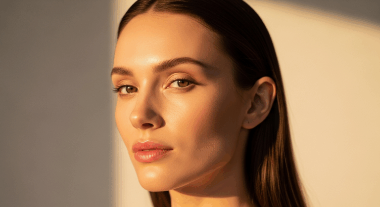 A close-up portrait of a woman with smooth skin and warm, natural lighting highlighting her features.