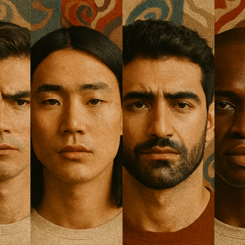 Un groupe de quatre hommes très différents, regardant droit dans l'objectif avec des expressions sérieuses, chacun avec des traits du visage et des coiffures distincts, sur un fond à motifs.