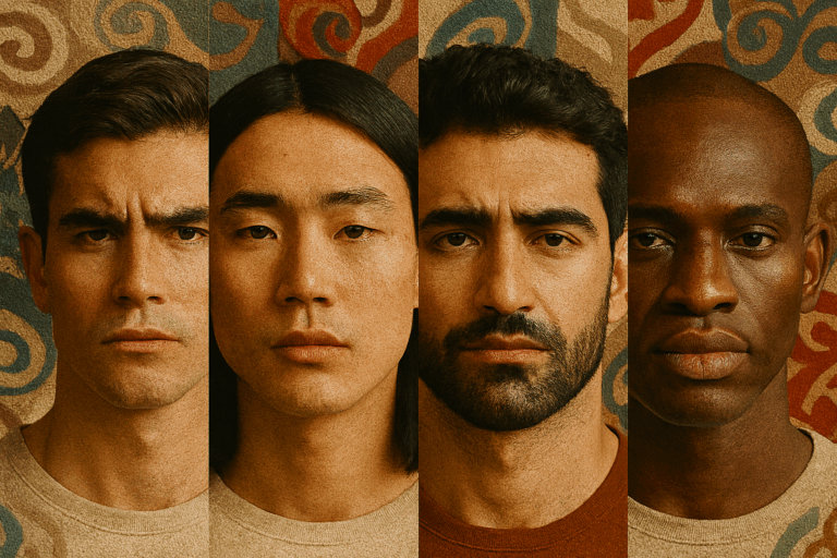 Un gruppo di quattro uomini diversi che guardano direttamente la telecamera con espressioni serie, ognuno con tratti del viso e acconciature distintivi, su uno sfondo a motivi.