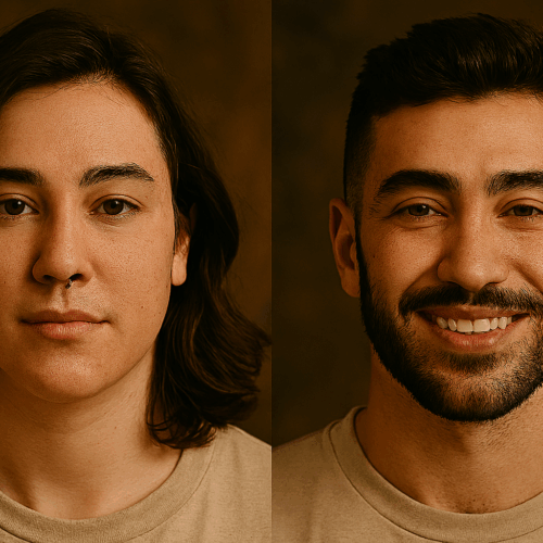 Comparaison avant/après du visage d'une personne. L'image de gauche montre la personne avec les cheveux longs et sans barbe, tandis que l'image de droite montre la même personne avec les cheveux courts et une barbe.