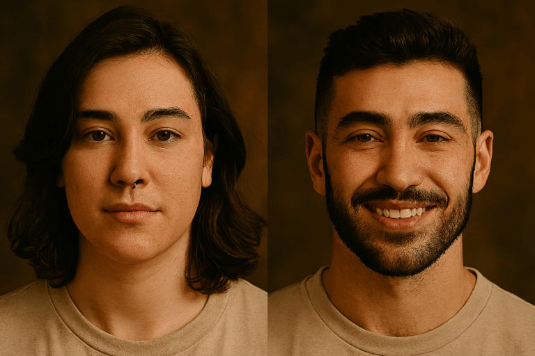 Un confronto tra il prima e il dopo del volto di una persona. L'immagine a sinistra mostra la persona con i capelli lunghi e senza barba, mentre l'immagine a destra mostra la stessa persona con i capelli corti e la barba.