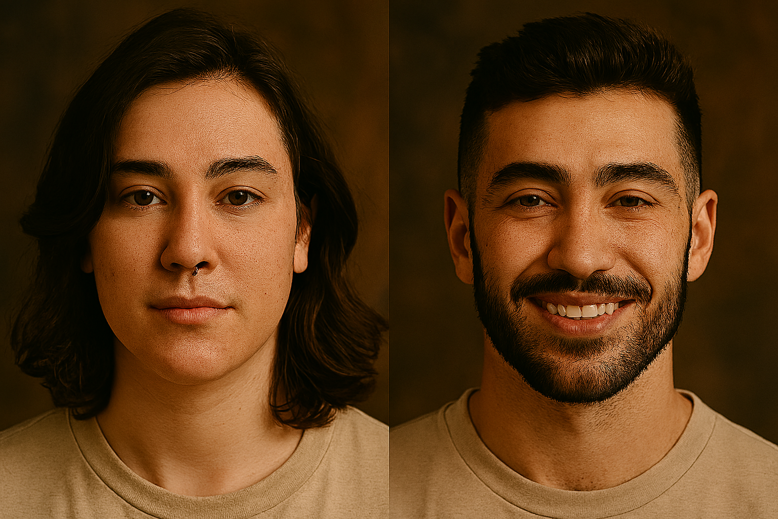A before-and-after comparison of a person's face. The left image shows the person with long hair and no facial hair, while the right image shows the same person with short hair and a beard.