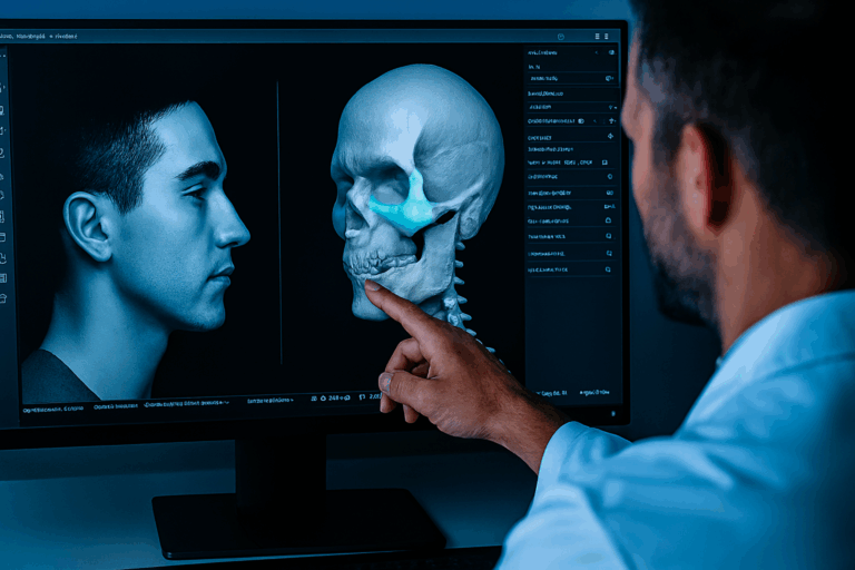 Un medico esamina un modello 3D del cranio sullo schermo di un computer, mentre fa riferimento al volto di un paziente in carne e ossa visualizzato sullo stesso schermo.