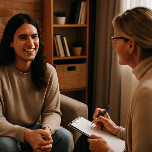 Un jeune homme souriant aux cheveux longs est assis sur un canapé et discute avec une femme qui prend des notes sur un bloc-notes.