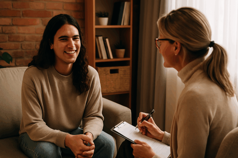 Un giovane sorridente con i capelli lunghi è seduto su un divano e parla con una donna che sta prendendo appunti su un blocco.