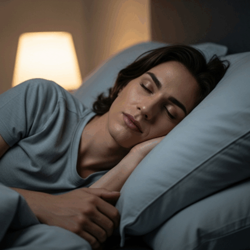 Una mujer duerme plácidamente de lado en la cama, con sábanas azules y una almohada. La habitación está tenuemente iluminada por una lámpara de noche.
