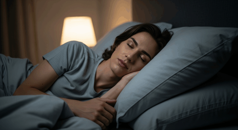 Una donna dorme serenamente su un fianco nel letto, con lenzuola blu e un cuscino. La stanza è scarsamente illuminata da una lampada da comodino.