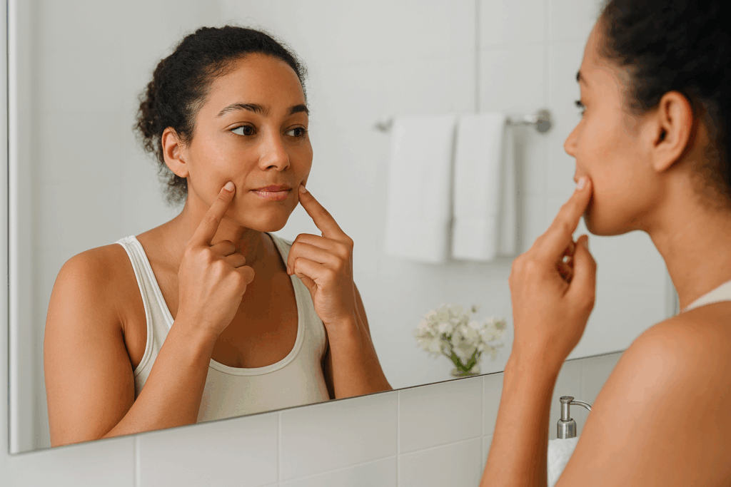 Une femme se regarde dans le miroir, examinant sa peau. Elle touche sa joue d'une main, debout dans une salle de bains aux carreaux blancs, avec un vase de fleurs sur le comptoir.
