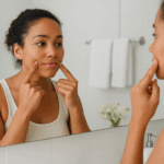 Una mujer se mira al espejo, examinando su piel. Se toca la mejilla con una mano mientras está de pie en un baño con azulejos blancos y un jarrón de flores sobre el lavabo.