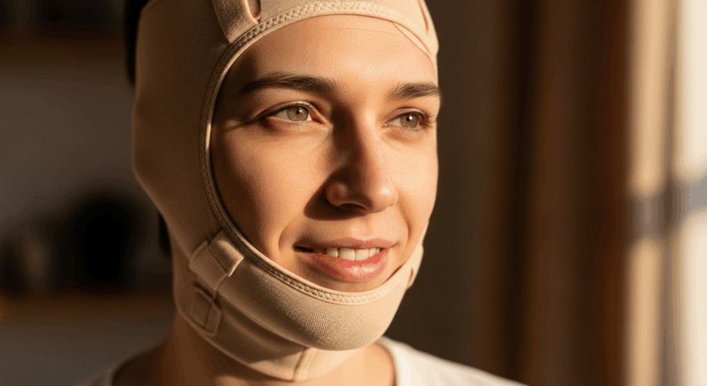 A woman wearing a beige head covering and matching face mask, smiling softly while looking to the side.