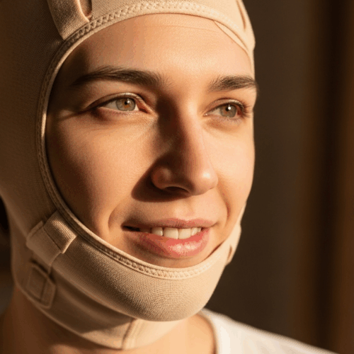 Una mujer con un pañuelo beige en la cabeza y una mascarilla a juego, sonríe suavemente mientras mira hacia un lado.