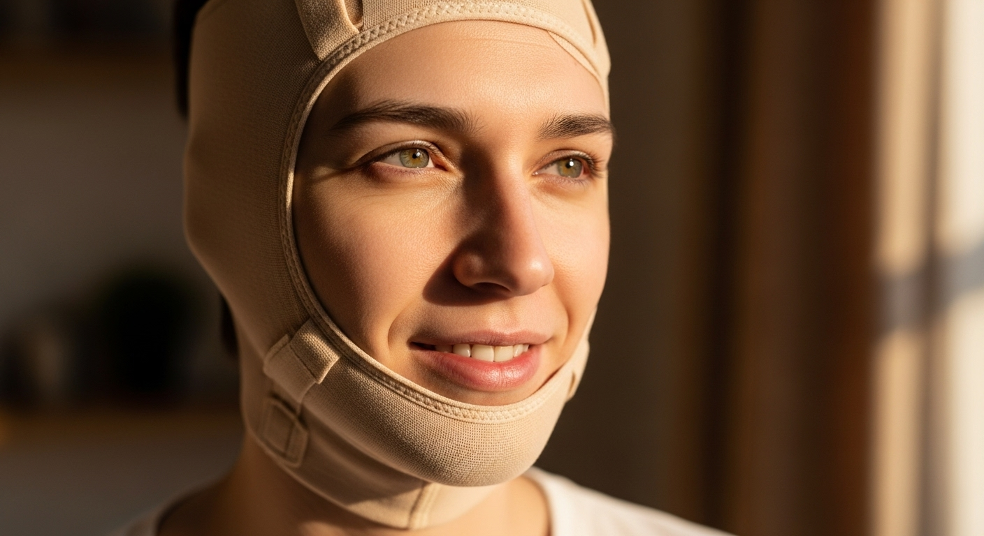 A woman wearing a beige head covering and matching face mask, smiling softly while looking to the side.