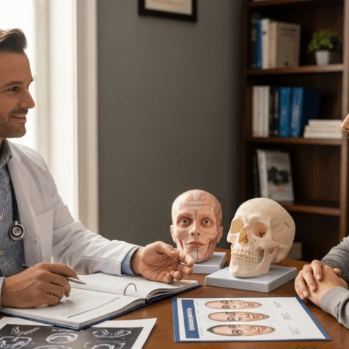Un médico explica las estructuras anatómicas a un paciente utilizando modelos del cerebro y el cráneo.