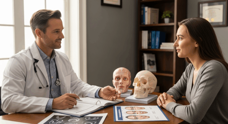 A doctor explaining anatomical structures to a patient using models of the brain and skull.