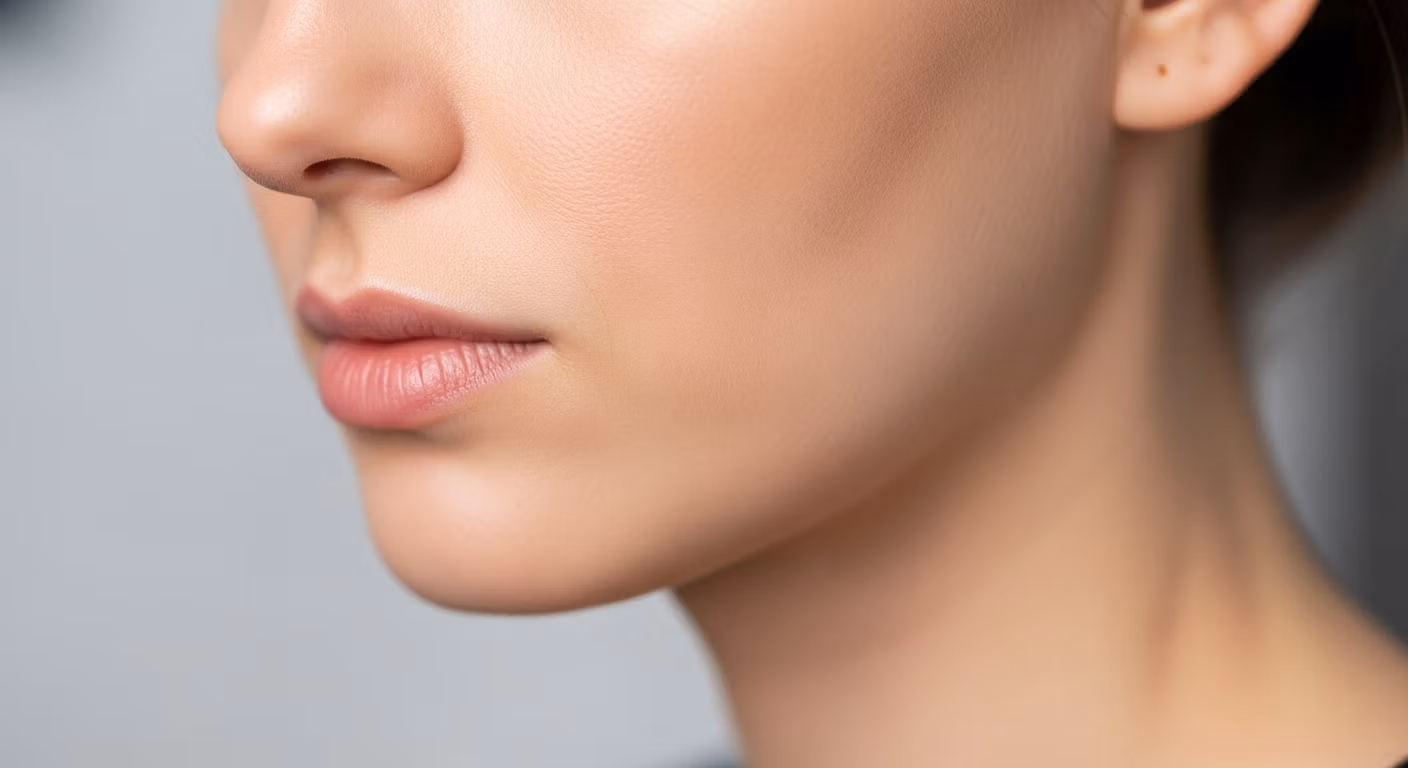 Primer plano del perfil lateral del rostro de una persona, centrándose en los labios y la mejilla, con el fondo desenfocado.