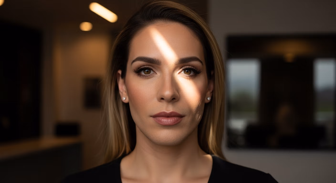 Una mujer profesional con cabello rubio hasta los hombros, vestida con una blusa negra, posa en interiores con expresión seria.
