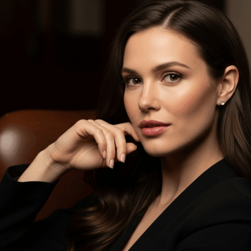 Una mujer de pelo largo y oscuro está sentada en una silla de cuero marrón, posando con confianza con la mano apoyada en la barbilla.