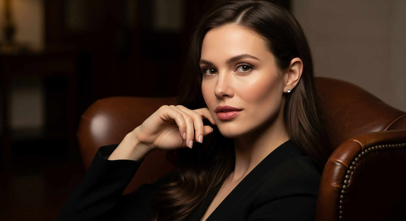 A woman with long dark hair is sitting on a brown leather chair, posing confidently with her hand resting on her chin.