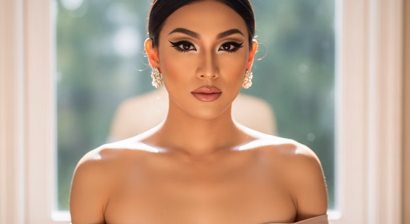 Una mujer hermosa, de rasgos llamativos y elegantes pendientes, posa cerca de una ventana iluminada por la luz natural.