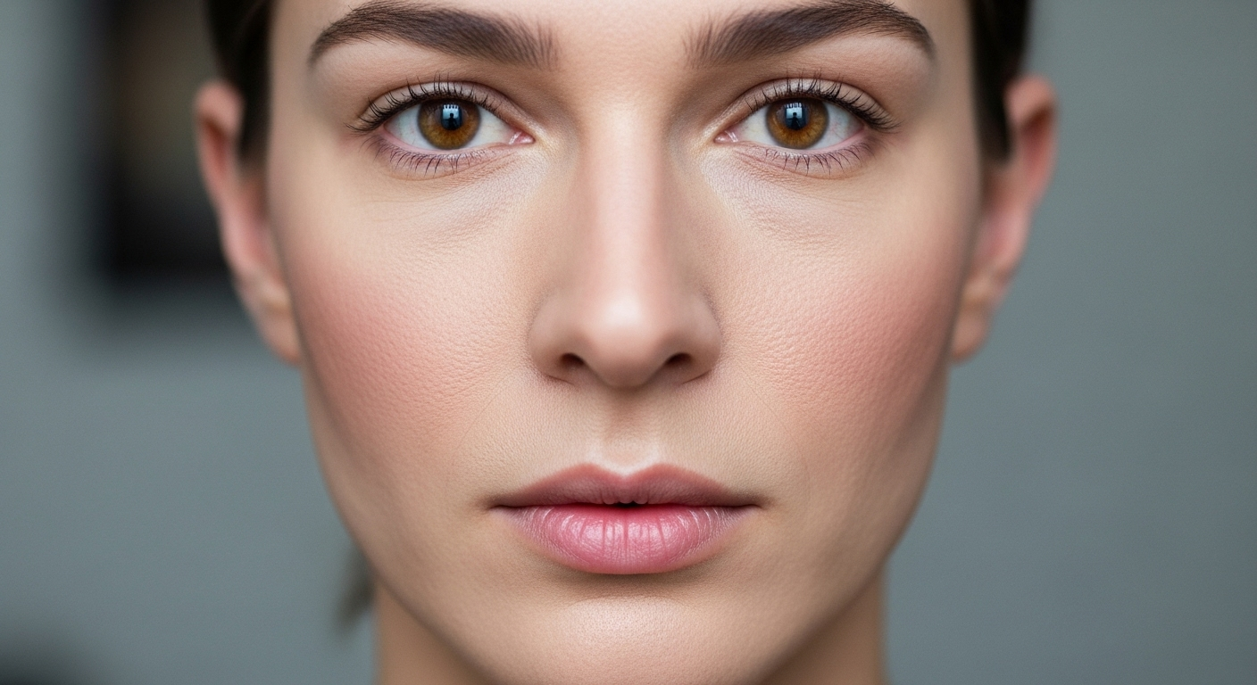 A close-up portrait of a woman with striking brown eyes and smooth, clear skin, looking directly at the camera with a neutral expression.