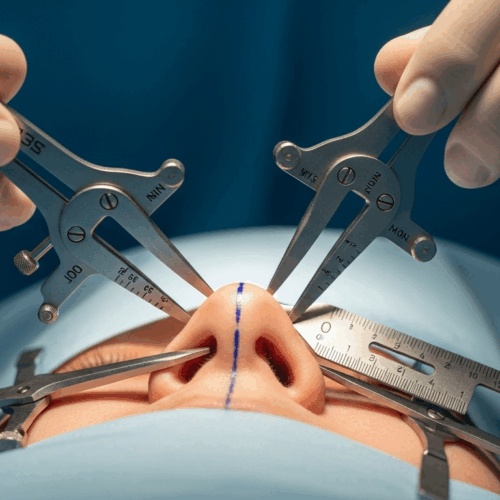 Imagen en primer plano de un procedimiento médico que muestra unas manos utilizando instrumentos quirúrgicos y un calibrador para medir la nariz de un paciente, probablemente durante una rinoplastia.