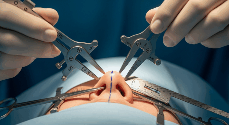 A close-up image of a medical procedure showing hands using surgical tools and calipers to measure a patient's nose, likely during a rhinoplasty surgery.