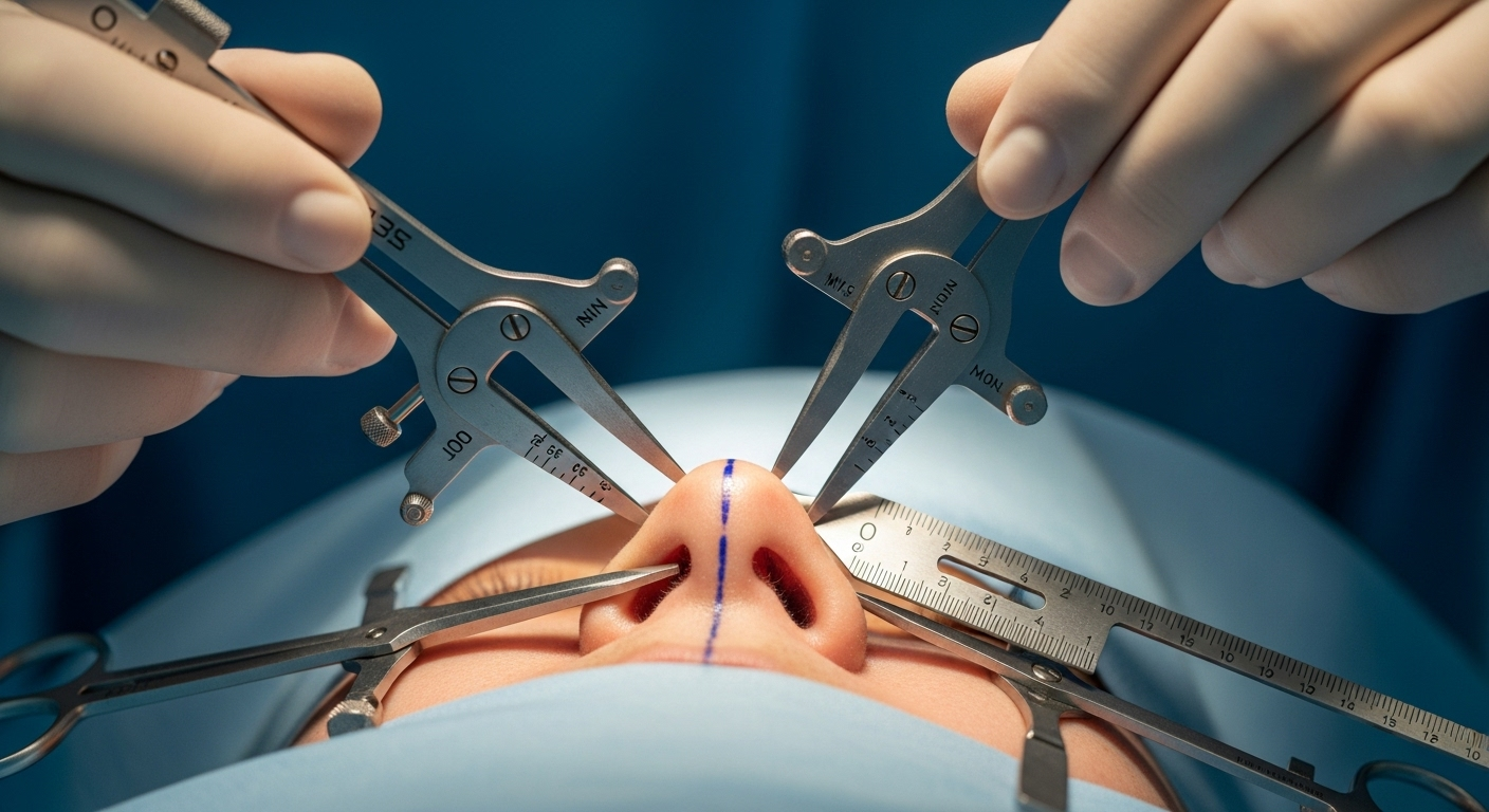 A close-up image of a medical procedure showing hands using surgical tools and calipers to measure a patient's nose, likely during a rhinoplasty surgery.