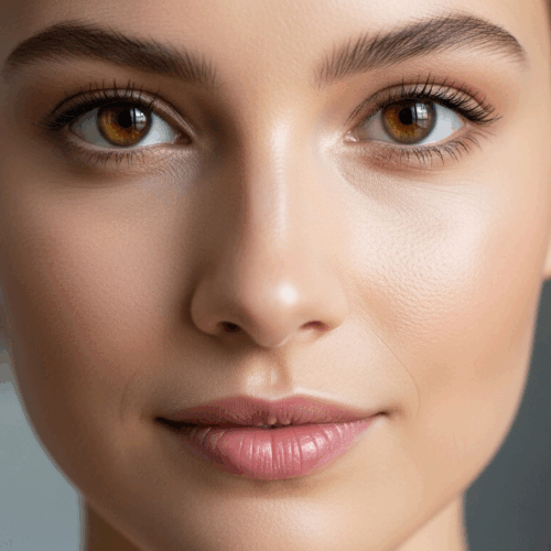 Primer plano de una mujer con llamativos ojos marrones y piel tersa y clara, mirando directamente a la cámara con expresión neutra.