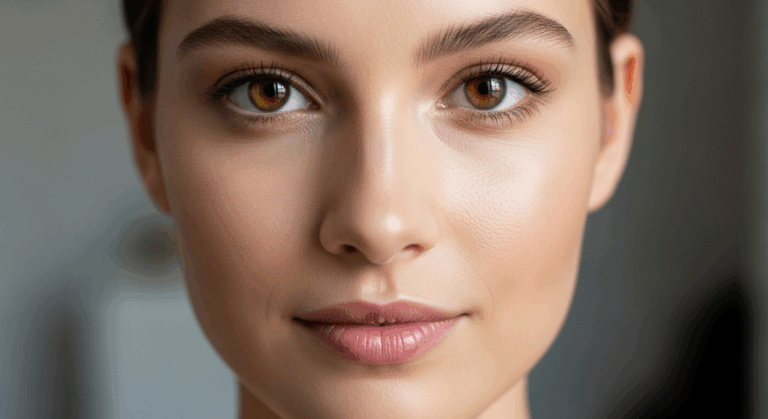 A close-up portrait of a woman with striking brown eyes and smooth, clear skin, looking directly at the camera with a neutral expression.
